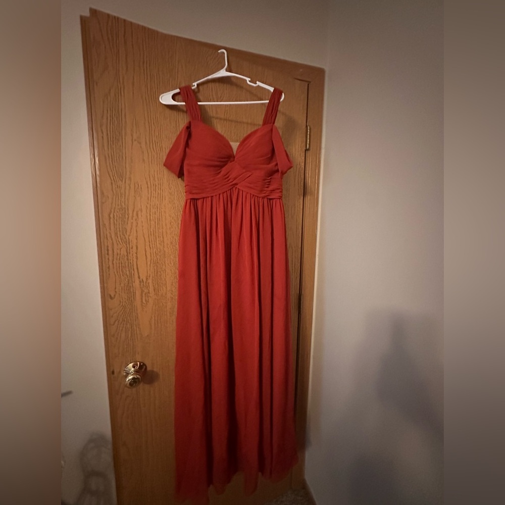 AZAZIE LIANNE Rust A-Line Off the Shoulder Stretch Satin Dress- sizeA2